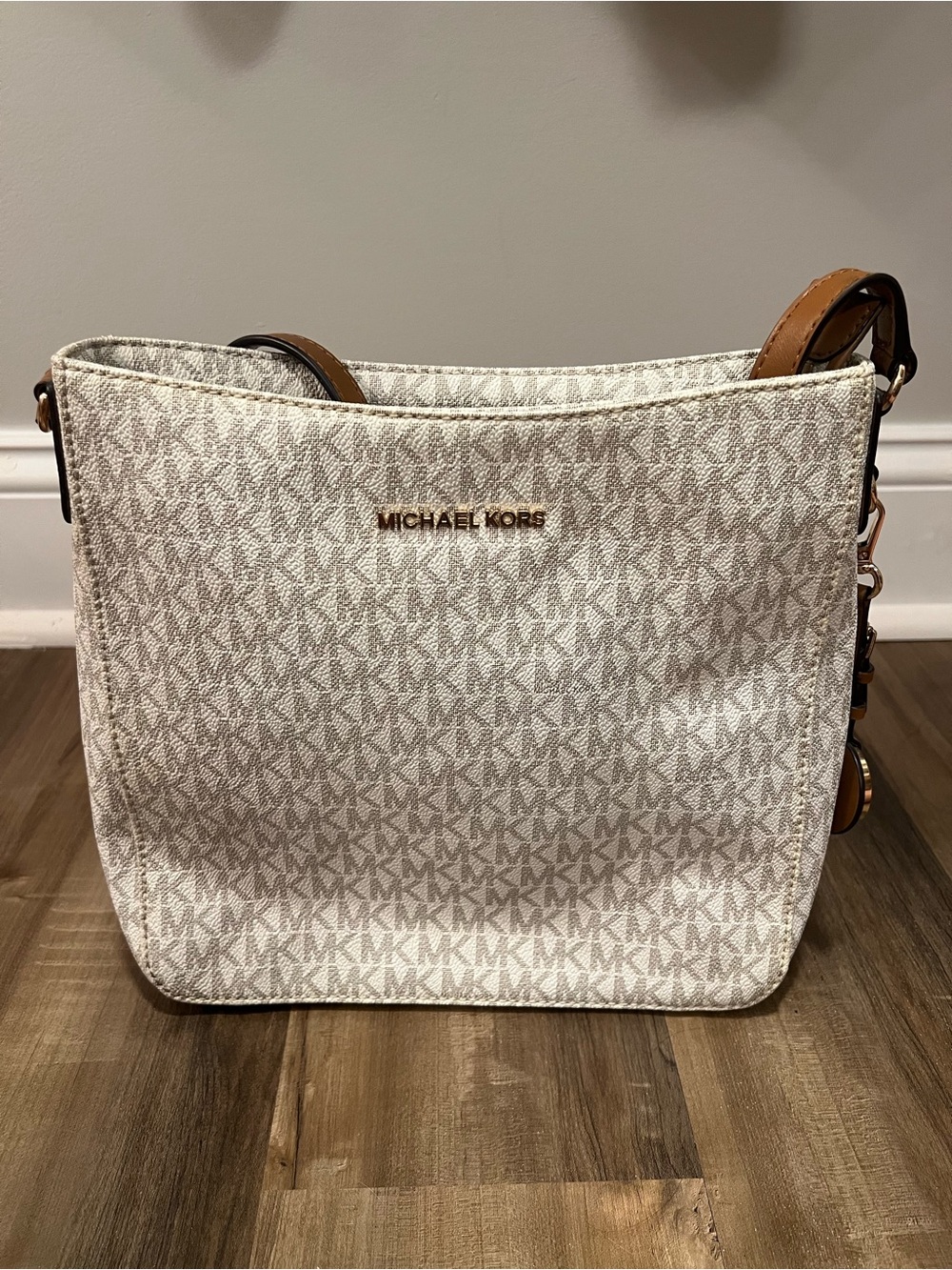 Michael Kors Cream/Beige Signature MK Logo Shoulder Bag with Tan Trim